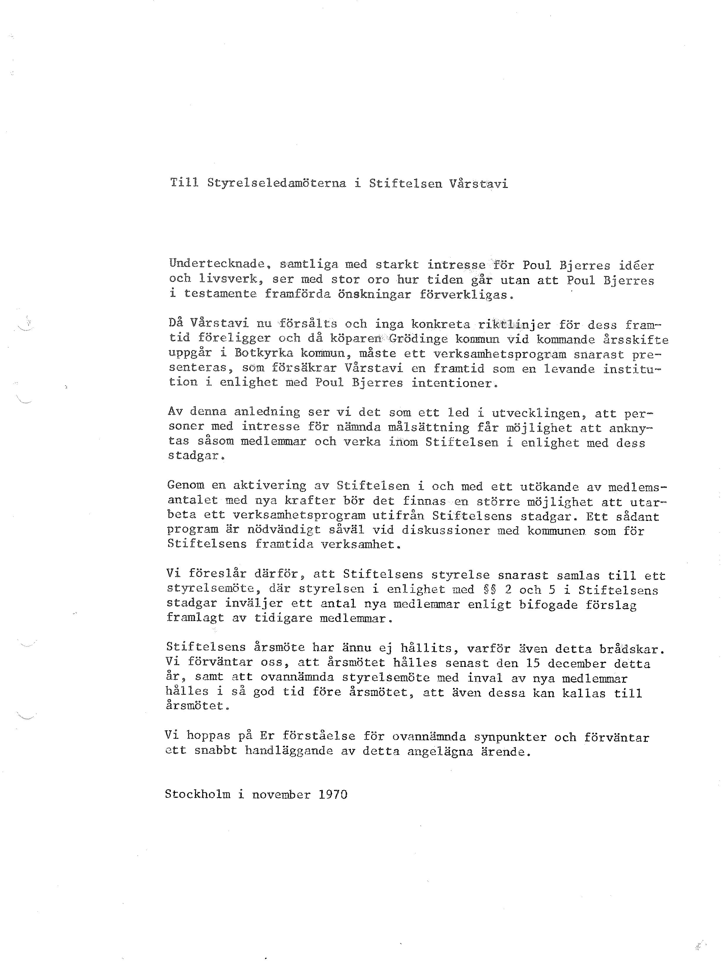 Skrivelse till Stiftelsen november 1970